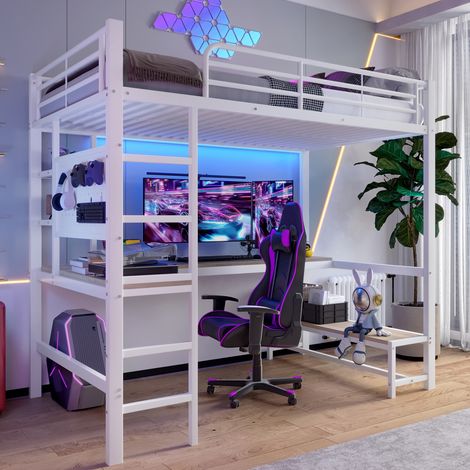 REDOM Cama alta 90x200 cm con escritorio, estantes, toma USB Tipo C, tira LED, panel perforado, metal blanco (sin colchón) (1/5)