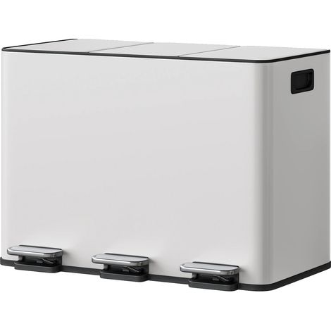 Poubelle de cuisine, pédale à fermeture douce, design à 3 compartiments, BLANC (1/2)