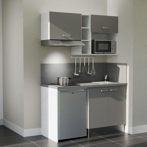 Kitchenette K13L-PT - 140 cm - plan stratifié, évier inox, - Façade Gris - Plan Gris béton - Evier Inox - Crédences Oui + Electroménager inclus coloris Inox