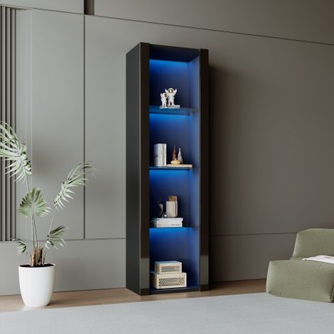 Vitrine noire brillante avec éclairage LED, 3 compartiments en verre, 5538166cm, vitrine, armoire sur pied, armoire haute (1/5)