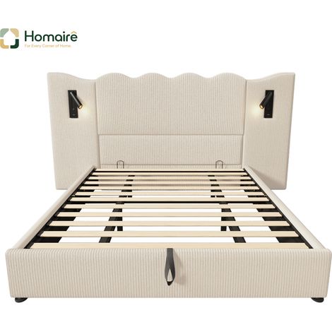 Cadre de lit beige en velours côtelé avec rangement et port USB 215 x 252 x 111 cm HOMAIRE (1/5)