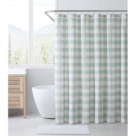 Rideau de Douche, décoration de Salle de Bain en Coton léger, boutonnière sur Le Dessus (Carreaux Cabine, Vert, 182,9 x 182,9 cm) (1/5)