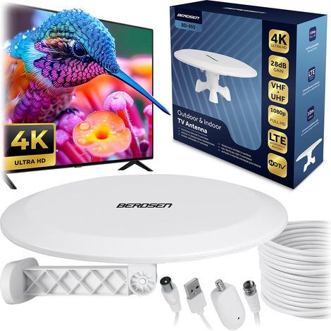 Antena Berdsen BD-955 para TV de interior y exterior Ultra HD 4K, color blanco.