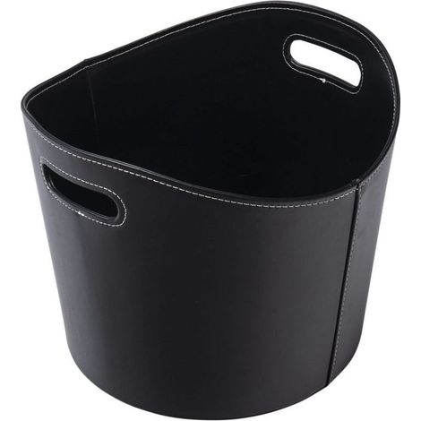 Panier à bûches rond - Similicuir noir - Panier de rangement polyvalent pour bois de chauffage - Noir (1/4)