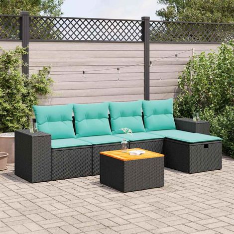 Salon de jardin 6 pièces avec coussins bleus, résine tressée noire et rangements - PANGIVO (1/5)