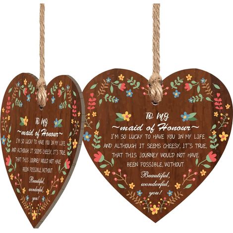 Plaque En Bois - Cœur Suspendu Avec Corde En Jute - Pour Mariage Demoiselle Dhonneur Cadeau Personnalisable - 2 Pièces (1/5)