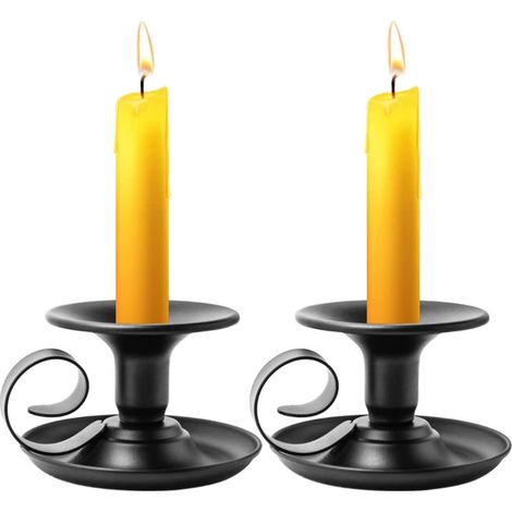 Lot de 2 bougeoirs avec poignée - Vintage - Base ronde - En métal - Noir (1/5)
