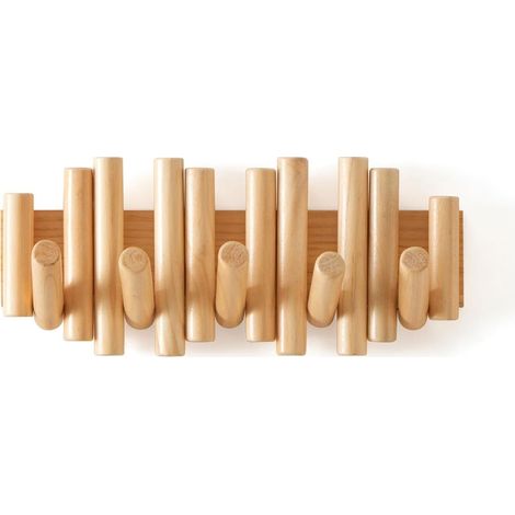 Porte-manteau mural en bois, 38 cm de long et 16,5 cm de haut, avec 5 crochets rabattables. (1/5)
