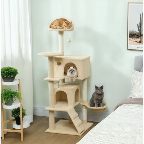 Katzenbaum 140 cm mit Hängematte, Leiter, Höhle und 2 Plüschbällen, beige OKMYHOME (1/5)