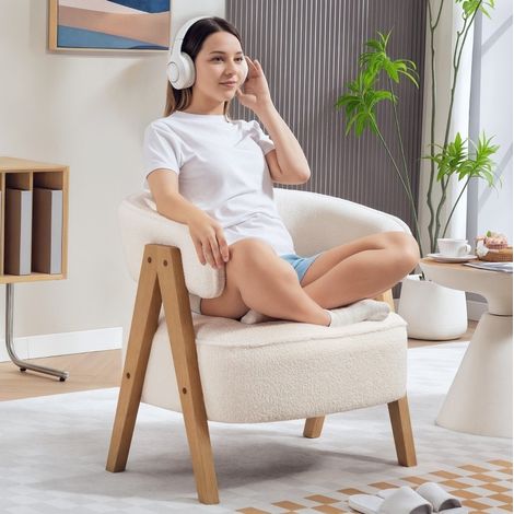 Sillón 70x64x71 cm blanco en poliéster con patas de madera, marco metálico y respaldo ergonómico (1/4)