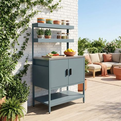 Cuisine d'extérieure en acier bleu gris avec 2 étagères suspendues et 2 portes L80cm
