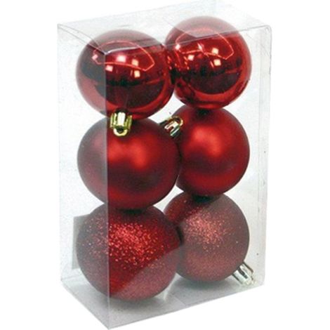 Pack 6 bolas Navidad Ø8cm (2 brillo, 2 mates y 2 purpurina) fabricadas en plástico color rojo y dorado