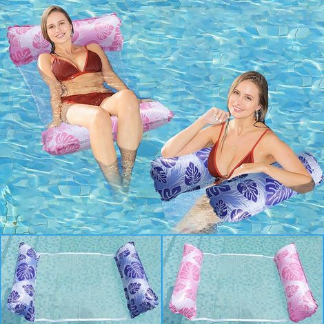 Ensemble de 2 chaises d'hamac tropicales (rose et bleu, 118×68 cm) – Chaises flottantes polyvalentes à imprimé feuilles, adaptées pour s'allonger et s'asseoir dans la piscine (1/5)