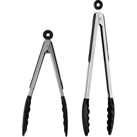 2 pinces de cuisine professionnelles en acier inoxydable et en silicone alimentaire (noir / 30,5 et 23 cm) (1/5)