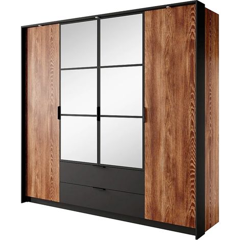 Armadio Guardaroba 4 Ante Con Specchi E 2 Cassetti Per Camera Da Letto 9 Ripiani E Tubo Appendiabiti Design Moderno 223.2 x 210 x 59 Cm Castagno E Antracite