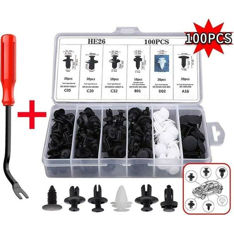 Kit 100 Rivetti Universali in Plastica per Paraurti, Comprensivo di Strumenti di Estrazione (1/3)