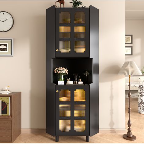 Meuble d’angle vitré LED, finition laquée noire, MDF, 63,5 x 157,5 cm, OKWISH (1/5)