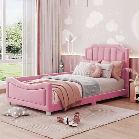 Cama infantil de 90x200 cm, cama individual, cama acolchada con cabecero y brazos, estructura de franela, rosa, sin colchón (1/5)