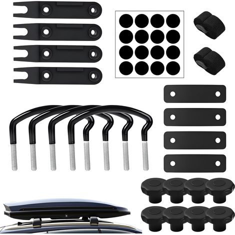 4 x Roof Box Brackets, Universal Fitting, Installation Accessory Kit with 8 Security Nuts, Bandages, Round Dot Stickers (1/5)