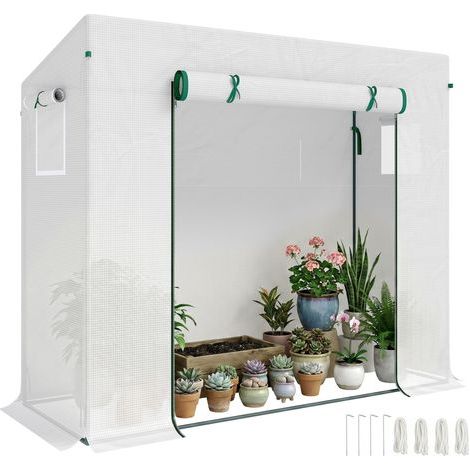 Serre de jardin avec porte enroulable et bords surélevés, acier et PE, 200 x 76 x 168 cm, blanche (1/5)