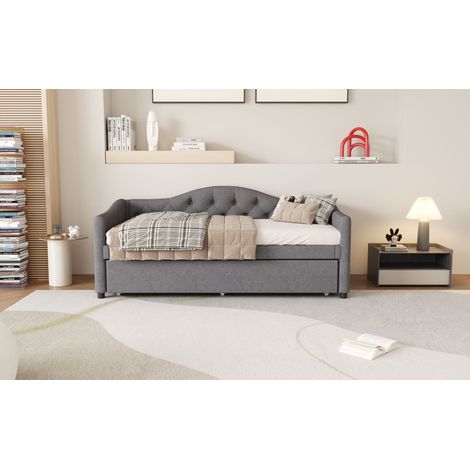 Lit de jour Daybettt 90x200cm, canapé-lits escamotable avec tiroir, couchage simple sans matelas, lin gris, design épuré (1/5)