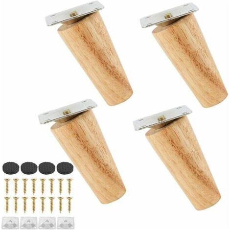Lot de 4 Pied de Meuble en Bois Massif, Jambes de Canapé Remplacement avec Tapis Antidérapant,Plaque de Montage et Vis pour Lit, Armoire, Tiroir (8cm, Pied incliné) (1/4)