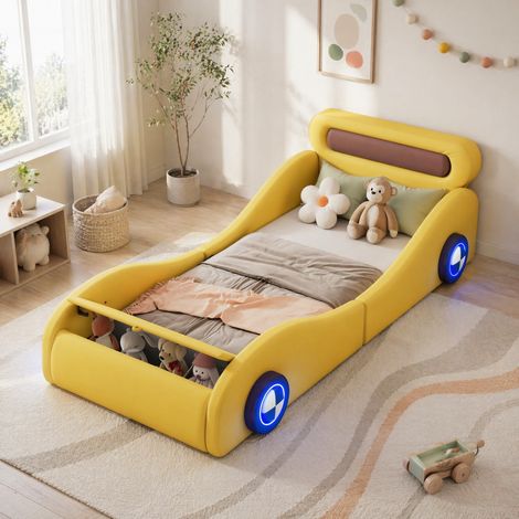 Cama infantil tipo coche 90x200 cm con ruedas con luces de colores ajustables, arcón de almacenamiento al pie, cuero regenerado y MDF, sin colchón, amarilla CHICFURN (1/5)