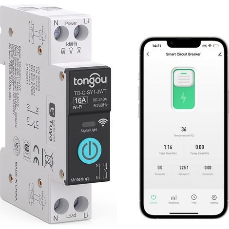 Smart switch, 1-pole Wi-Fi circuit breaker, 16A DIY switch, compatible with Alexa, Google Assistant, Smart Life and TUYA – measurement, voice control and timer function (1/5)