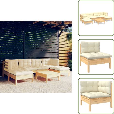 7-tlg. Garten-Lounge-Set mit Creme Kissen Kiefernholz - Gartensessel - Lounge Set - Gartenmöbel - Rattan Möbel - Kiefernholz (1/5)
