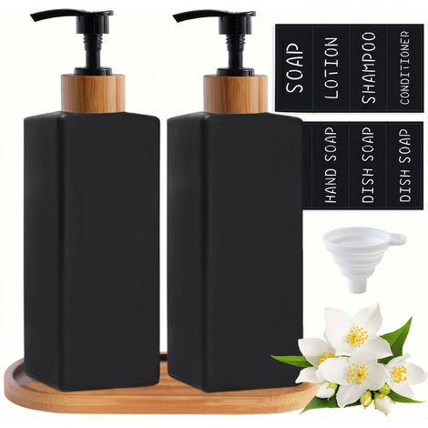 Distributeur de savon en verre noir mat, 340 ml, flacon en verre liquide rechargeable pour le lavage à la main, liquide vaisselle, plan de travail, cuisine (1/5)