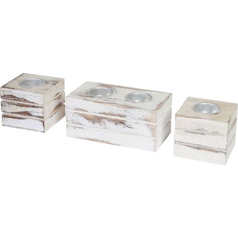 [NON UTILIZZATO] Set portacandele decorative 2-1-1 shabby vintage Leuca T601 legno paulonia bianco