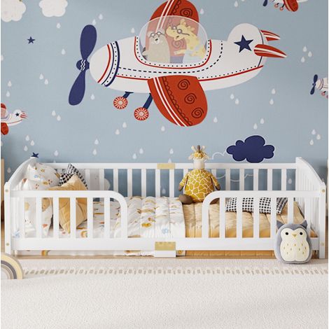 Letto a pavimento per bambini 90x200 cm con sponde di sicurezza, ingresso centrale, legno di pino bianco, salvaspazio (1/5)