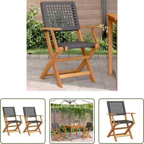 Chaise pliante - Chaises de jardin lot de 2 noir bois massif d'acacia et rotin (1/5)