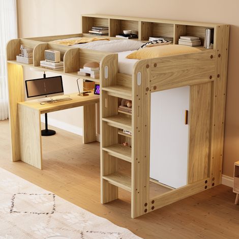 Letto a Soppalco 90×200 cm, Letto Singolo con Scrivania, Armadio, Contenitori, LED Regolabile e Presa, senza Materasso, Legno Naturale (1/5)