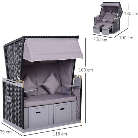 Chaise longue de plage gris 118x79x50cm double en rotin PE,avec toit et porte-gobelets,design confortable pour jardin extérieur.
