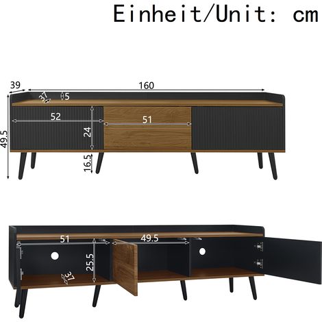 Meuble TV 3 portes, support télé compact, meuble bas en bois naturel et noir, 160x39x49,5 cm, rangement salon (1/5)