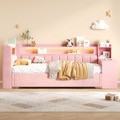 Letto da giorno imbottito 90 x 200 cm estraibile 180 x 200 cm con scrivania e LED, rosa (1/5)