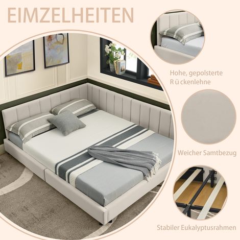 Lit double 160200 cm, surface en velours, dossier haut, idéal pour les chambres, les pièces à vivre et les grands appartements, convient aux couples et aux familles, beige (sans matelas) (1/5)