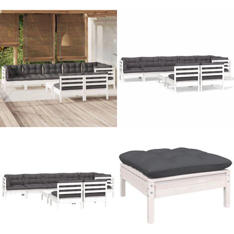9-tlg. Garten-Lounge-Set mit Kissen Weiß Kiefer Massivholz - Gartensessel - Lounge Set - Gartenmöbel - Outdoor Möbel - Rattan Sessel - Home & Living (1/5)