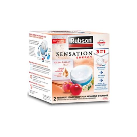 Rubson Sensation Energy, Parfum Fruits, 2 Recharges universelles de 300 g pour absorbeur d'humidité, Recharge 3-en-1 anti-humidité & anti-odeur et qui offre une sensation fraîche