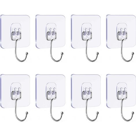 Lot de 8 crochets adhésifs extra-résistants, supportant jusqu'à 15 kg (max.), grands crochets adhésifs transparents, pour murs de cuisine et salle de bain. (1/5)