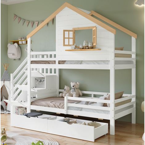 DESVIAE Lit superposé enfant avec escalier de rangement tiroirs sous lit fenêtre ouvrante maison bois pin MDF blanc naturel 90 x 200 cm (1/5)