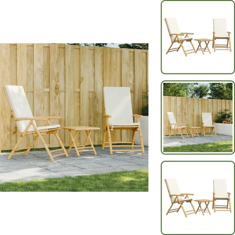 The Living Store Ensemble de bistro pliante 3 pcs et coussins blanc crème bambou - Meubles De Jardin - Salon De Jardin - Mobilier Extérieur - Set De Bistro - Chaises Inclinables (1/5)