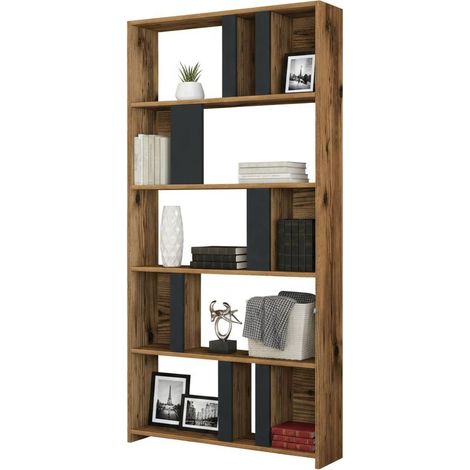 Dmora - Libreria Algieba, Scaffale da ufficio, Mobile portalibri, Biblioteca, 90x20h180 cm, Noce e Antracite, con imballo rinforzato, con imballo rinforzato