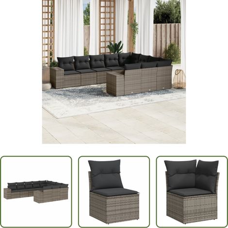 vidaXL Canapé en résine - Salon de jardin avec coussins 10 pcs gris résine tressée (1/5)