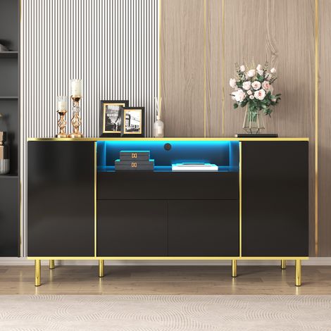 Commode avec 4 portes et 1 tiroir, éclairage LED, Commode de chambre brillante, supports de pieds en métal - 150x40x80cm - Noir (1/5)