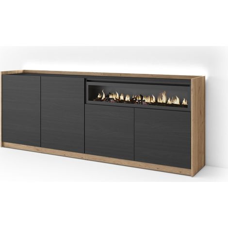 Skraut Home - Aparador para salón, Gran capacidad de almacenaje, 207x37x80cm, 4 Puertas, Chimenea eléctrica, LED, Estilo Moderno, Negro y roble (1/5)