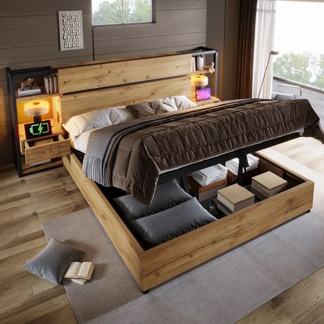 Lit double 180x200 bois rangement coffre tiroirs tête usb (1/4)