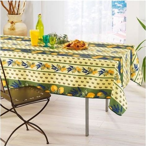 Nappe de Table Provençale Rectangle 150x240 cm, linge table Anti-Tâche Glycine, 100% Polyester coloris Citron-Vert (1/3)