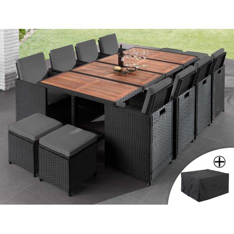 Bestmobilier – Salon de jardin encastrable 12 places – résine tressée noire avec coussins gris – housse de protection – chaises rabattables et poufs encastrables
